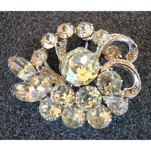 EISENBERG Floral Rhinestone Brooch Silver-Tone Pin Clear Crystals